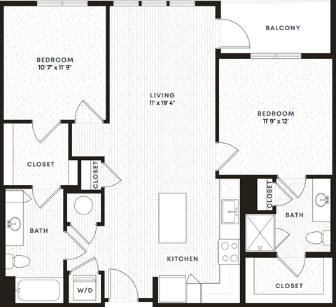 Floor plan for 2 beds, 2 baths, 1042 sqft